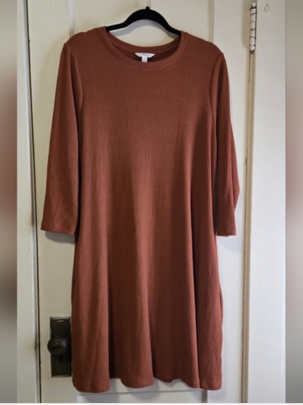 Time and Tru Ribbed Midi Dress in Rust Brown